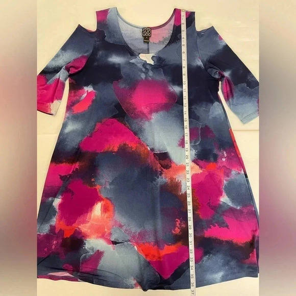 3 FOR $15 Clara Sun Woo Watercolor Pink and Blue Open Shoulder Swing Dress SZ L - Picture 2 of 8